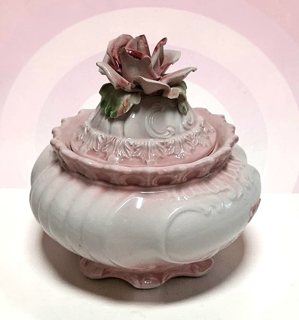 Vintage Capodimonte Italian Porcelain Covered Candy Dish Pink Rose Trinkrt Box